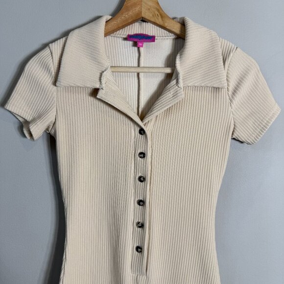 Edikted Lucia Ribbed Romper Women's XS Tan Button Up Collared Micro Mini Bodycon - Picture 6 of 15